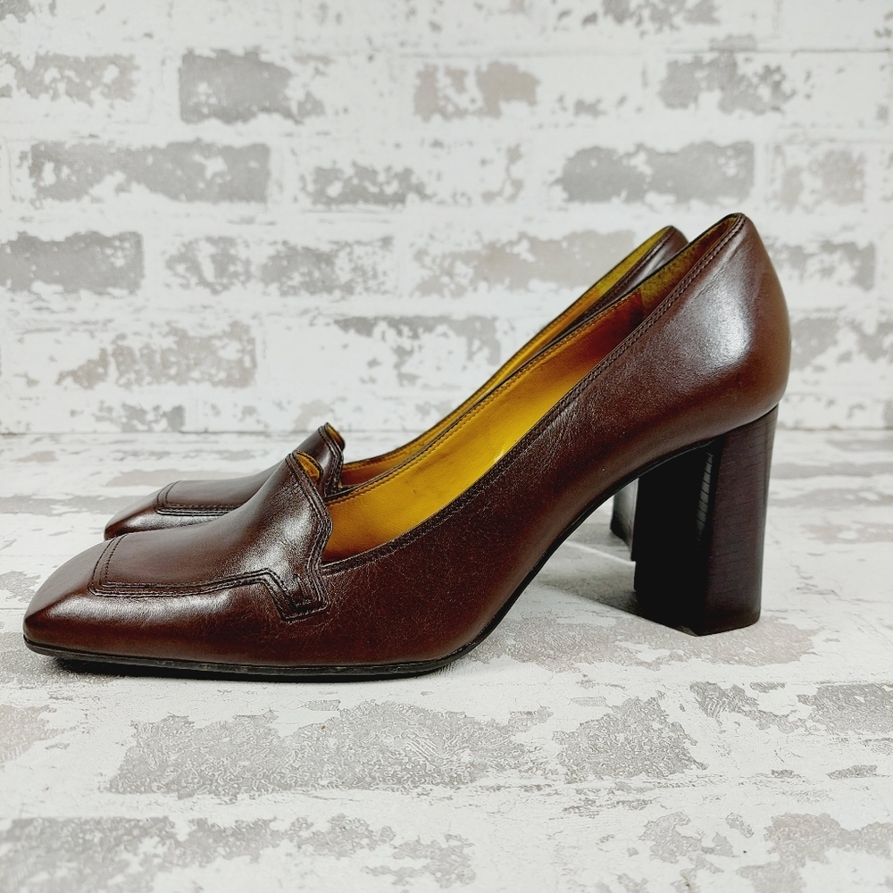 Nine West Nehemy Brown Leather Slip On Square Toe Block Heel shoes